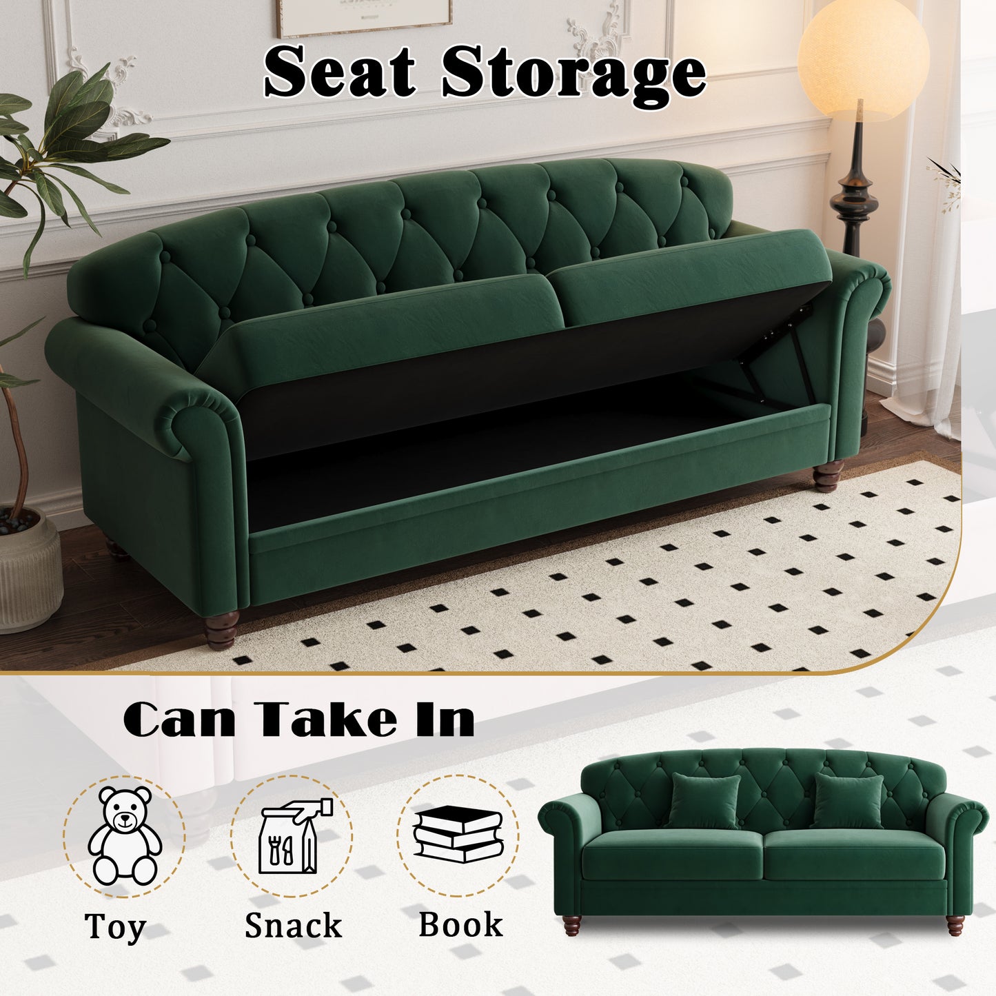 Roll-up arm double armrest backrest with buttons 81.9" Green Velvet Living Room Apartment Studio Sofa