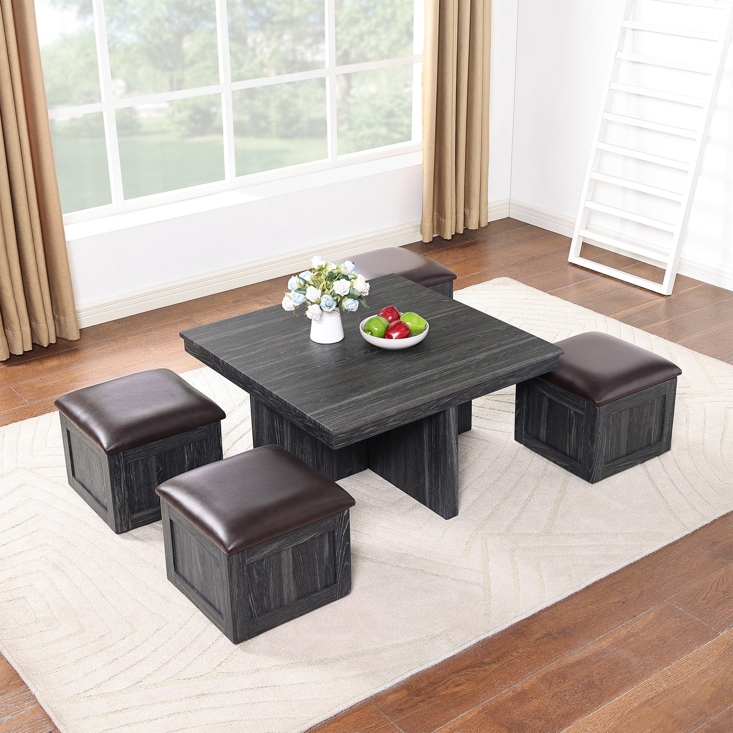 Versatile Coffee Table Set with 4 Storage Stools and Space-Saving Design