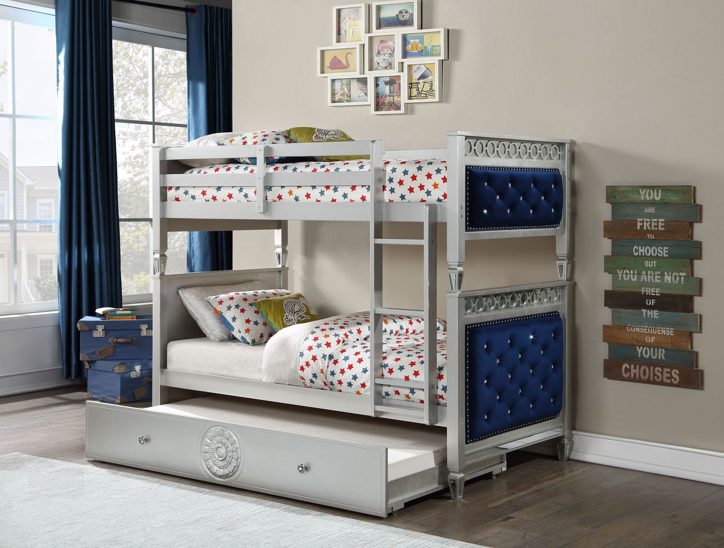 Royal Blue Velvet Bunk Bed with Twin Trundle