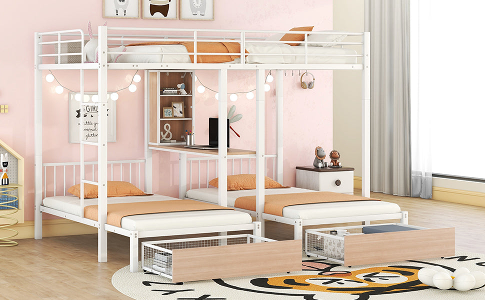 Triple Bunk Bed with White Metal Convertible Desk and Shelves