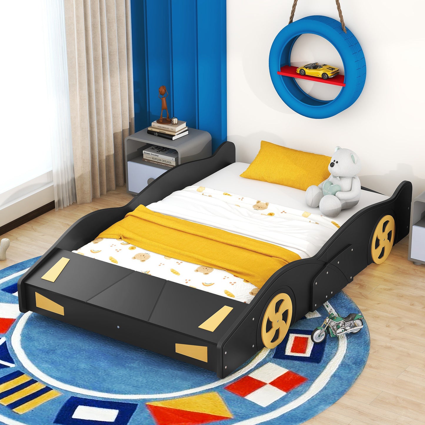 Full Size Race Car-Shaped Platform Bed with Wheels and Storage, Black+Yellow