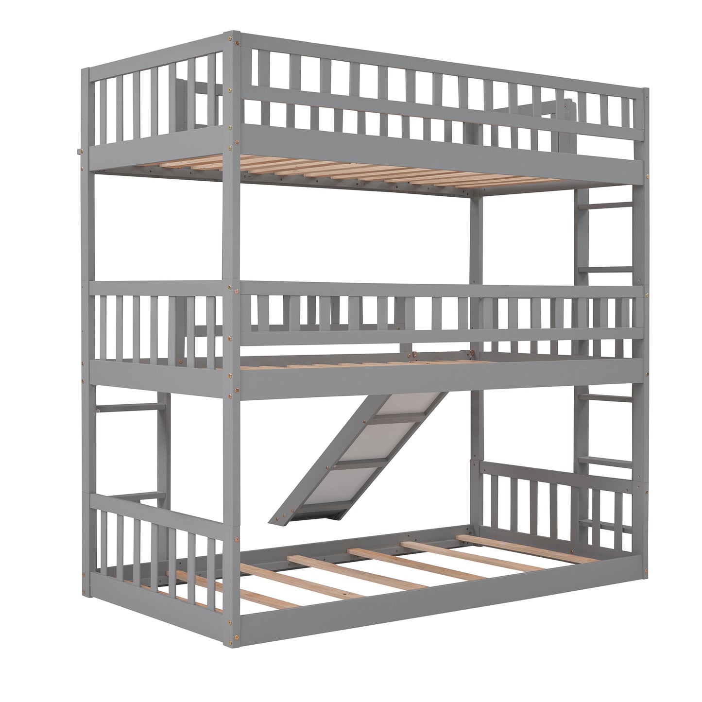 Triple Bed with Ladder, Slide, and Guardrails in Gray