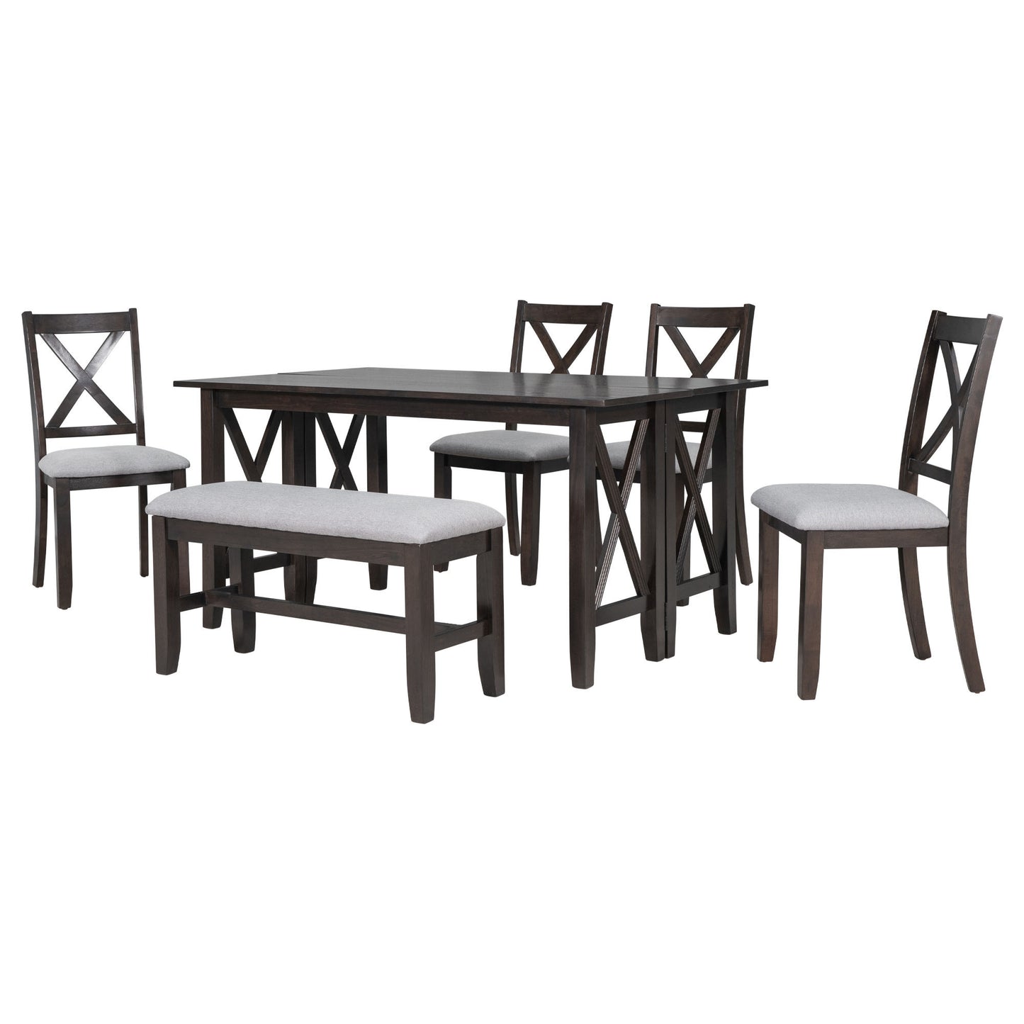 TREXM 6-Piece Family Dining Room Set Solid Wood Space Saving Foldable Table and 4 Chairs with Bench for Dining Room (Espresso)