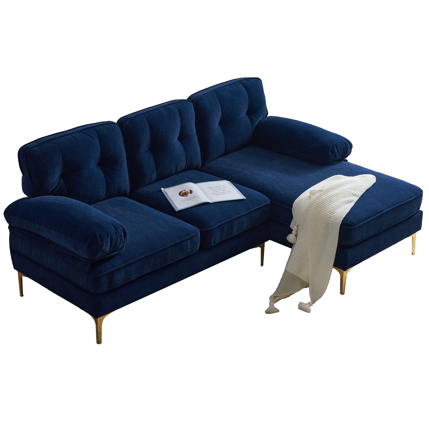 83 Blue Velvet L-Shaped Sectional Sofa with Mid-Century Modern Vibes