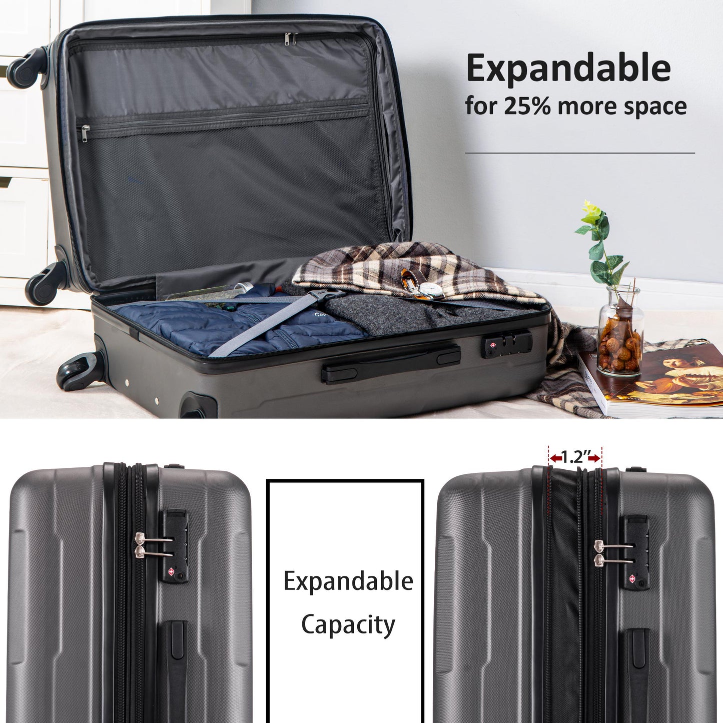 Expandable  Spinner Wheel 3 Piece Luggage Set ABS Lightweight Suitcase with TSA Lock