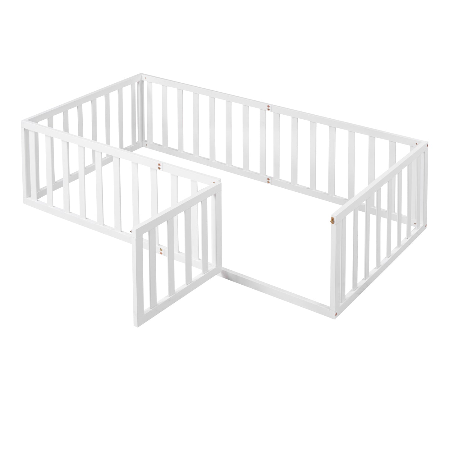 Twin Size Wood Floor Bed Frame with Fence and Door, White( :WF289661AAK)