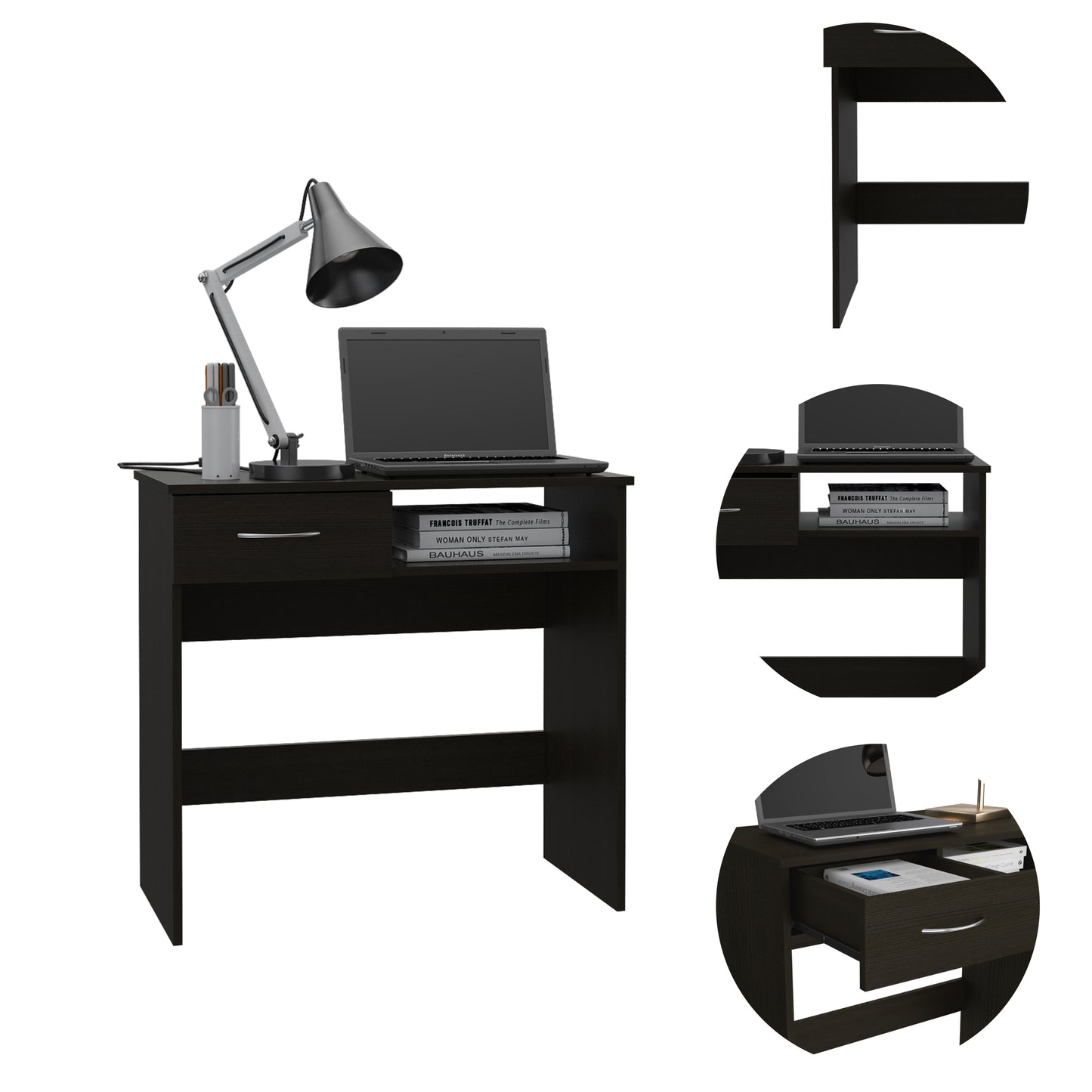 Modern Black Home Office Desk and Bookcase Set with Drawer and 7 Shelves