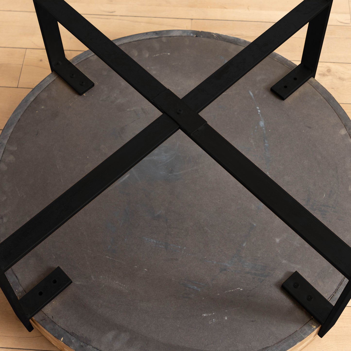 Retro Fir Wood Round Coffee Table with Black Iron Cross Legs Base