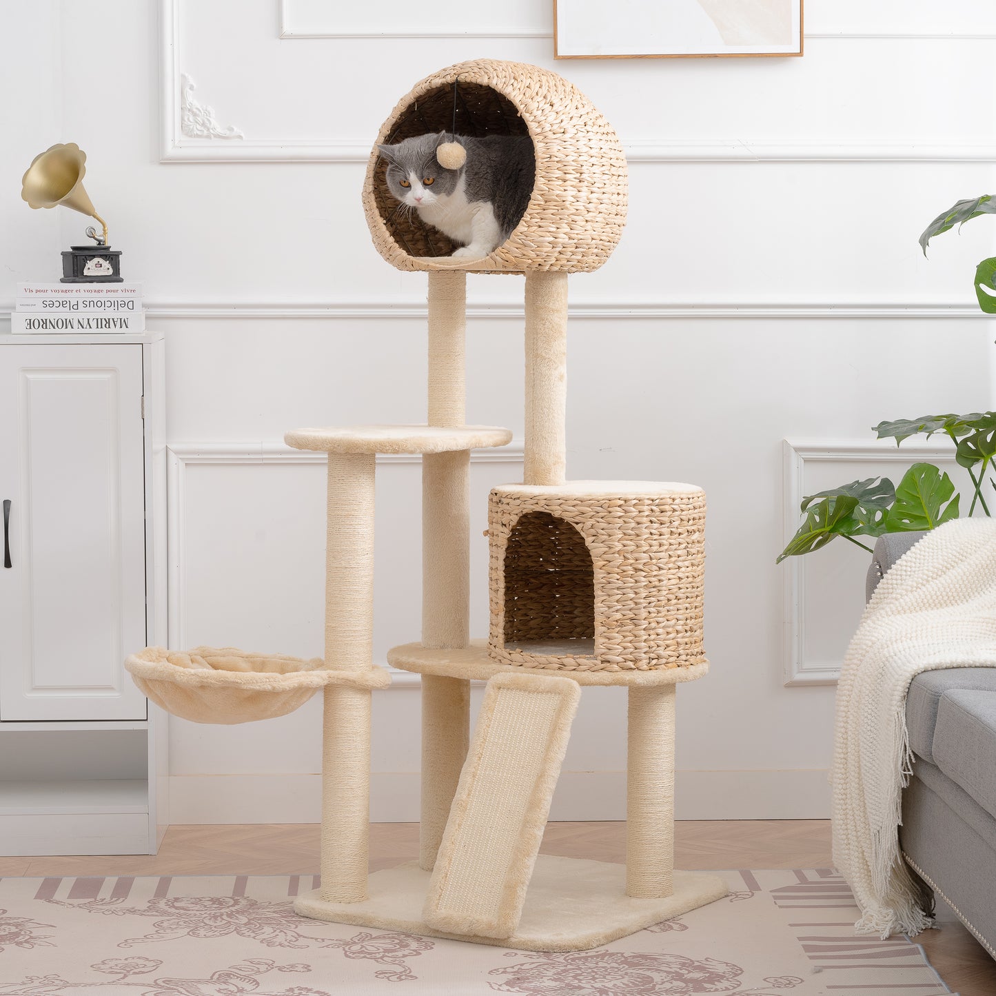 Cat Tree, 59-Inch Cat Tower for Indoor Cats, Plush Multi-Level Cat Condo with 2 Perches, 2 Caves, Cozy Basket and Scratching Board, Beige