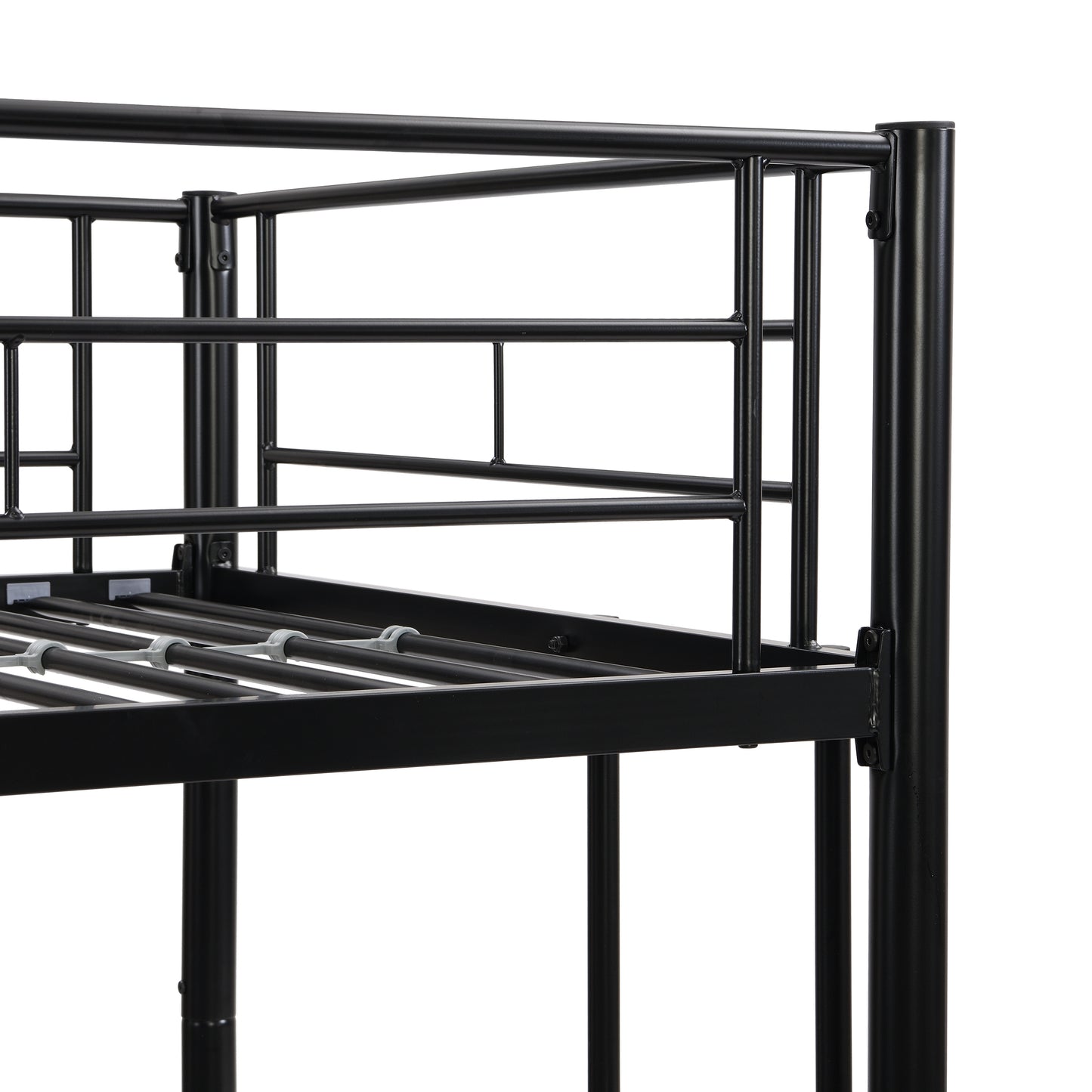 Convertible Twin Over Twin Metal Bunk Bed with 2 Ladders, Guardrail, and Storage Space in Black