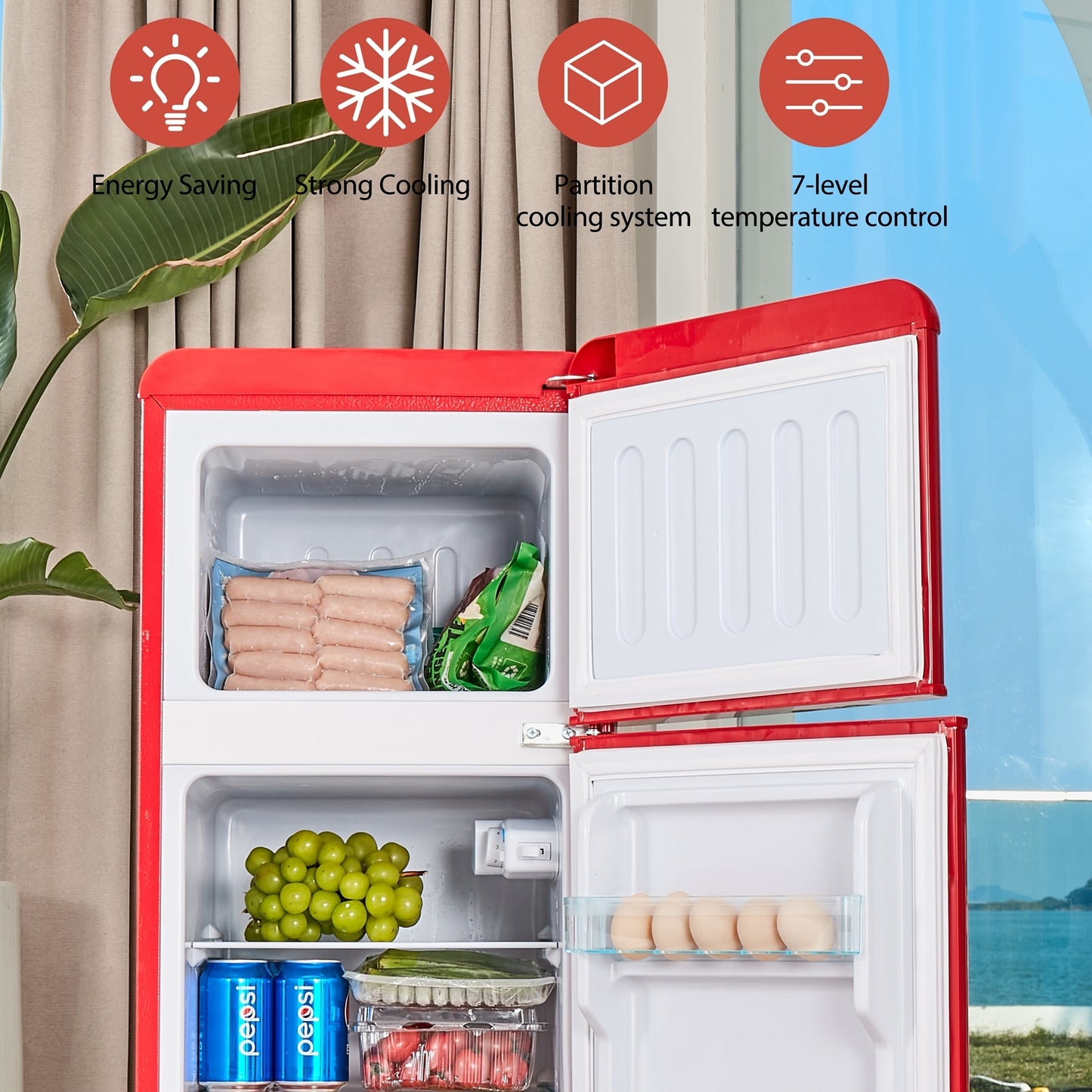 Compact Dual Zone Refrigerator with 3.3 Cu.Ft Fridge + 1.2 Cu.Ft 4-Star Freezer, 7 Temperature Settings, 45 dB, Red, Silver Handles, LED Lighting, Adjustable Shelves