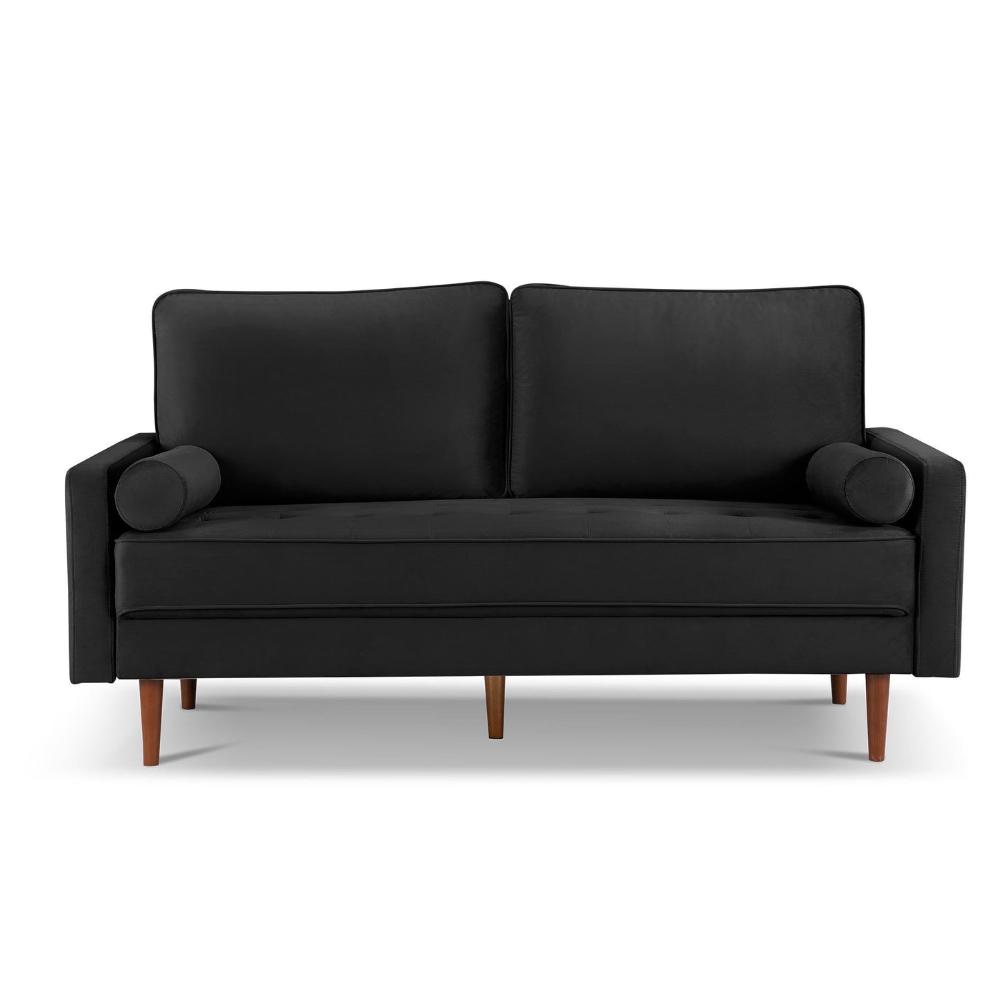 Modern Black Velvet Upholstered 3-Seater Sofa with Bolster Pillows