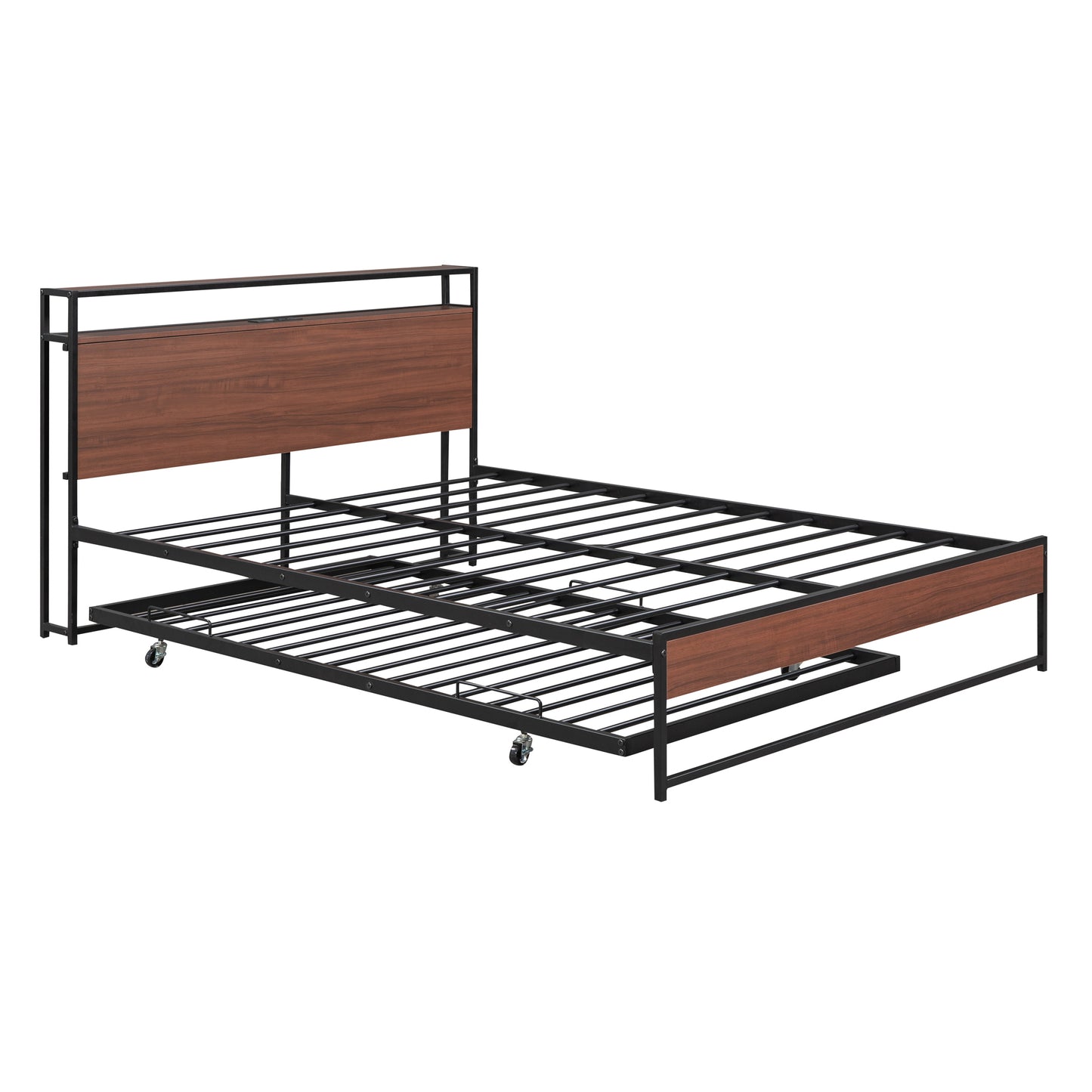 Queen Size Metal Platform Bed Frame with Trundle, USB Ports and Slat Support ,No Box Spring Needed Black