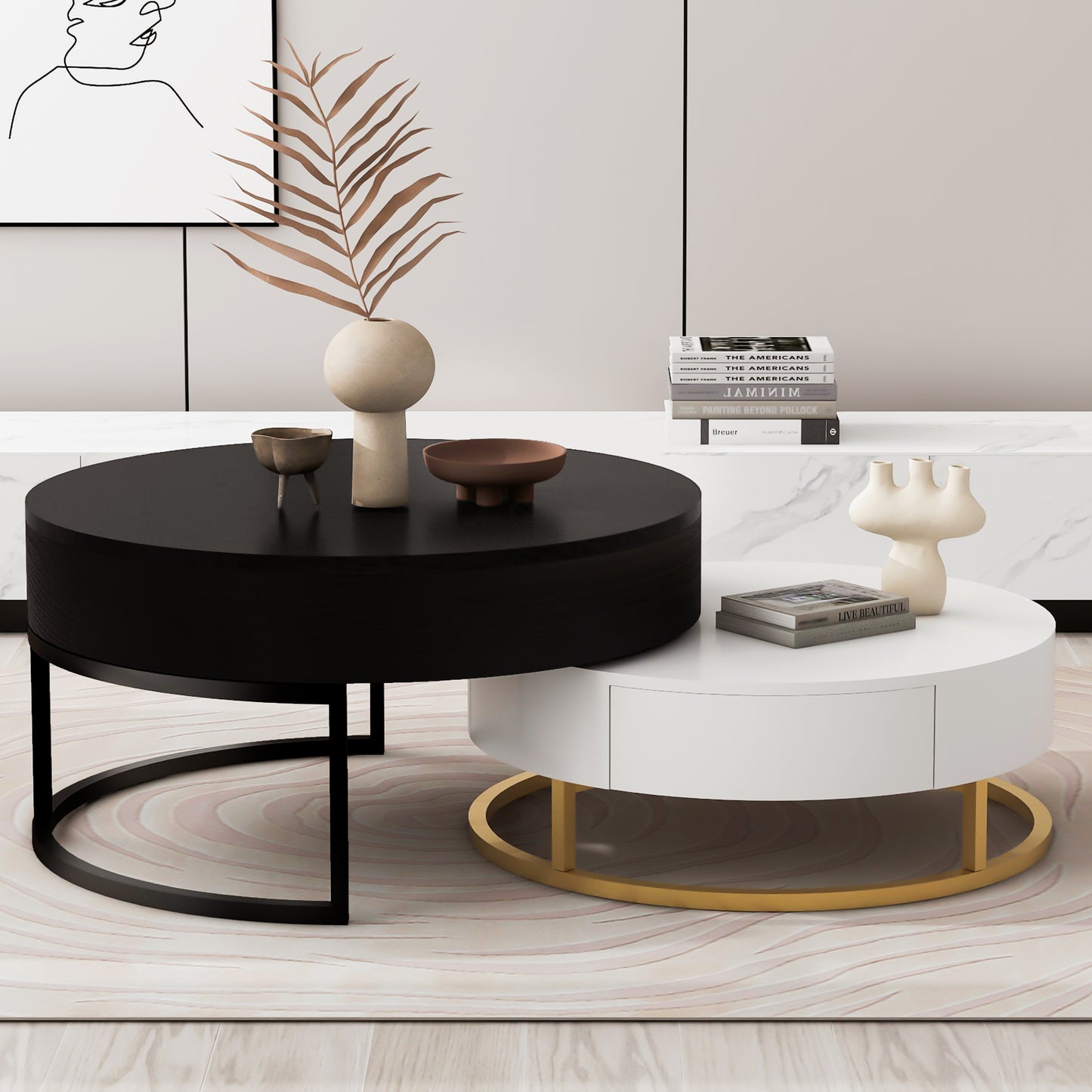 Contemporary 2-Drawer Lift-Top Round Coffee Tables in White & Black