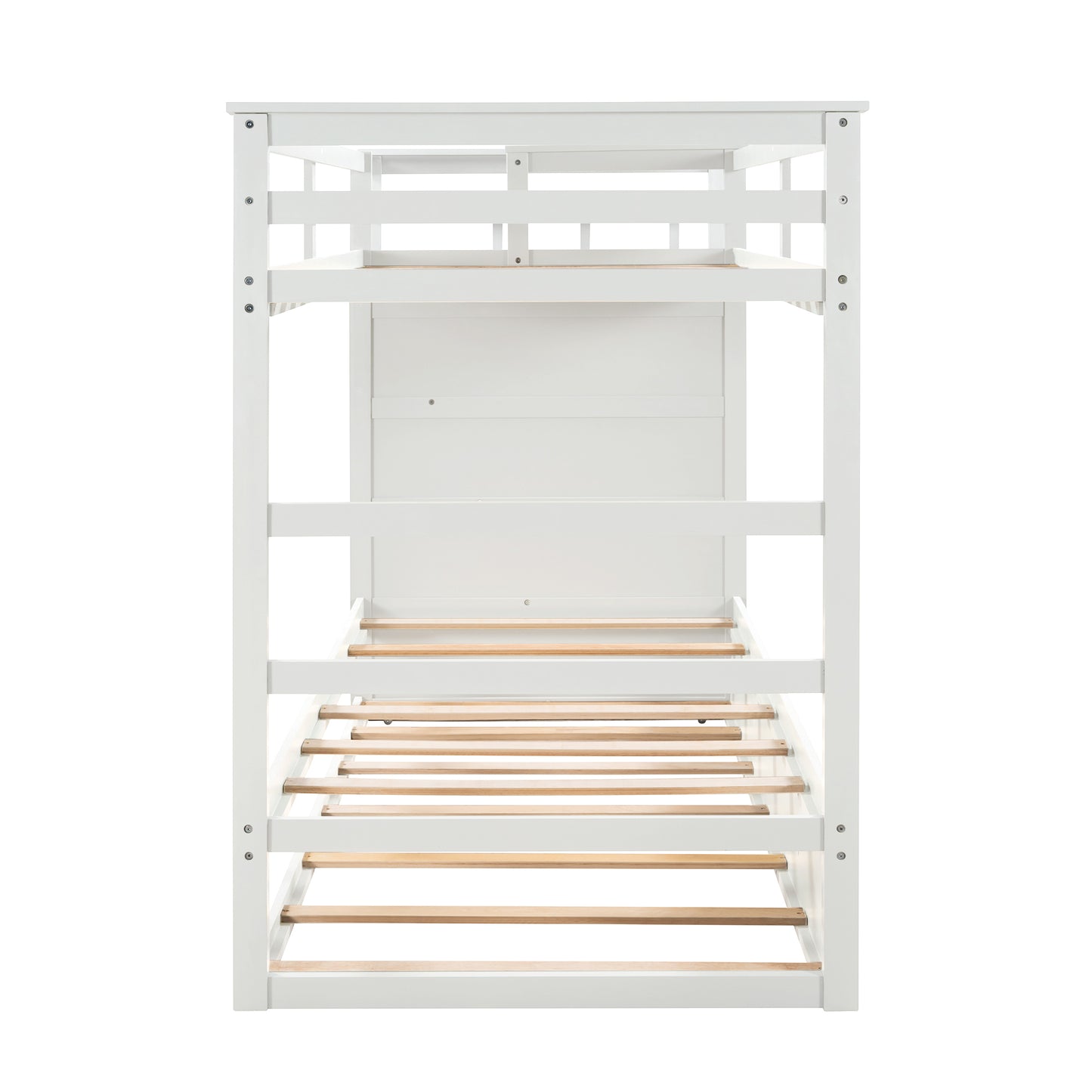 White Solid Wood Twin Bunk Bed with Trundle and Staircase