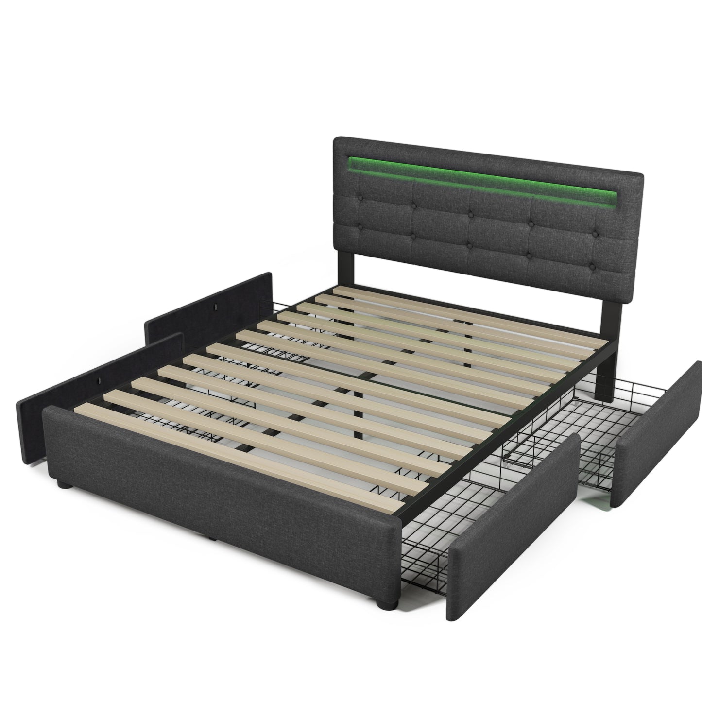 Bed Frame Full Size, Upholstered Platform Bed Frame with 4 Storage Drawers and LED Lights & Adjustable Headboard,No Box Spring Needed,Grey