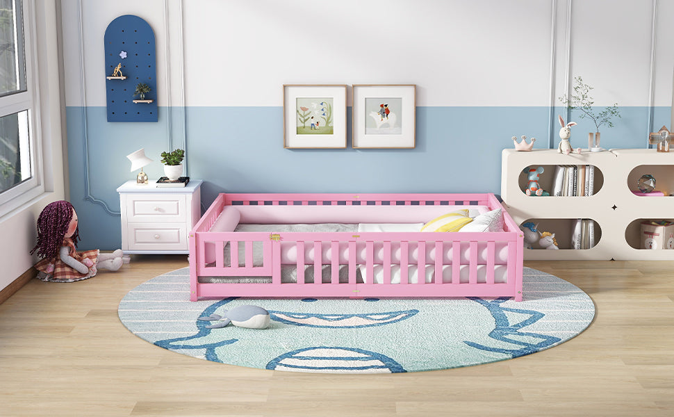 Queen Size Bed Floor Bed with Safety Guardrails and Door for Kids, Pink