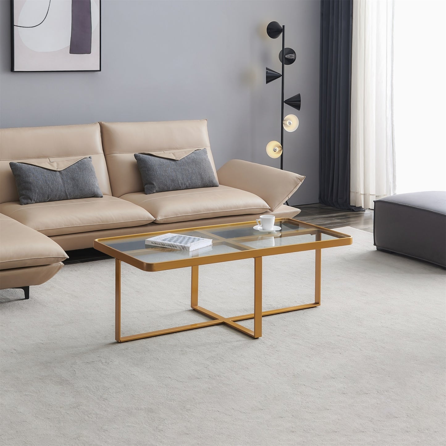 Sleek Rectangle Coffee Table with Golden Metal Frame and Tempered Glass Tabletop