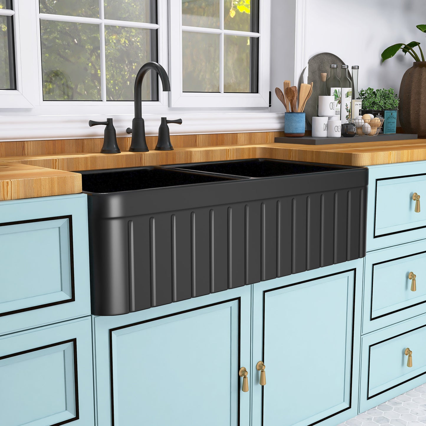 Black Double Bowl Fireclay Farmhouse Kitchen Sink