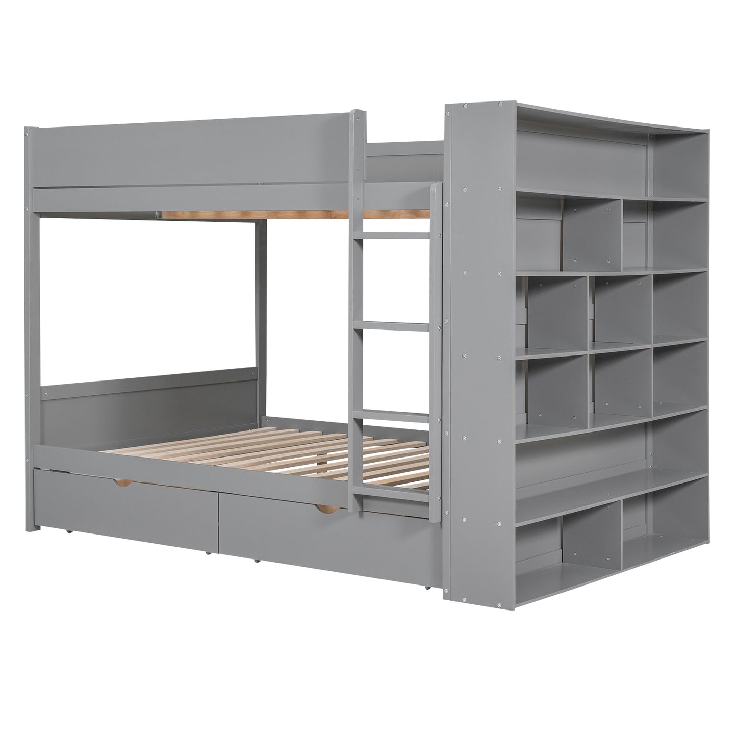 Gray Full over Full Bunk Bed with Storage Drawers and Cabinet for Kids