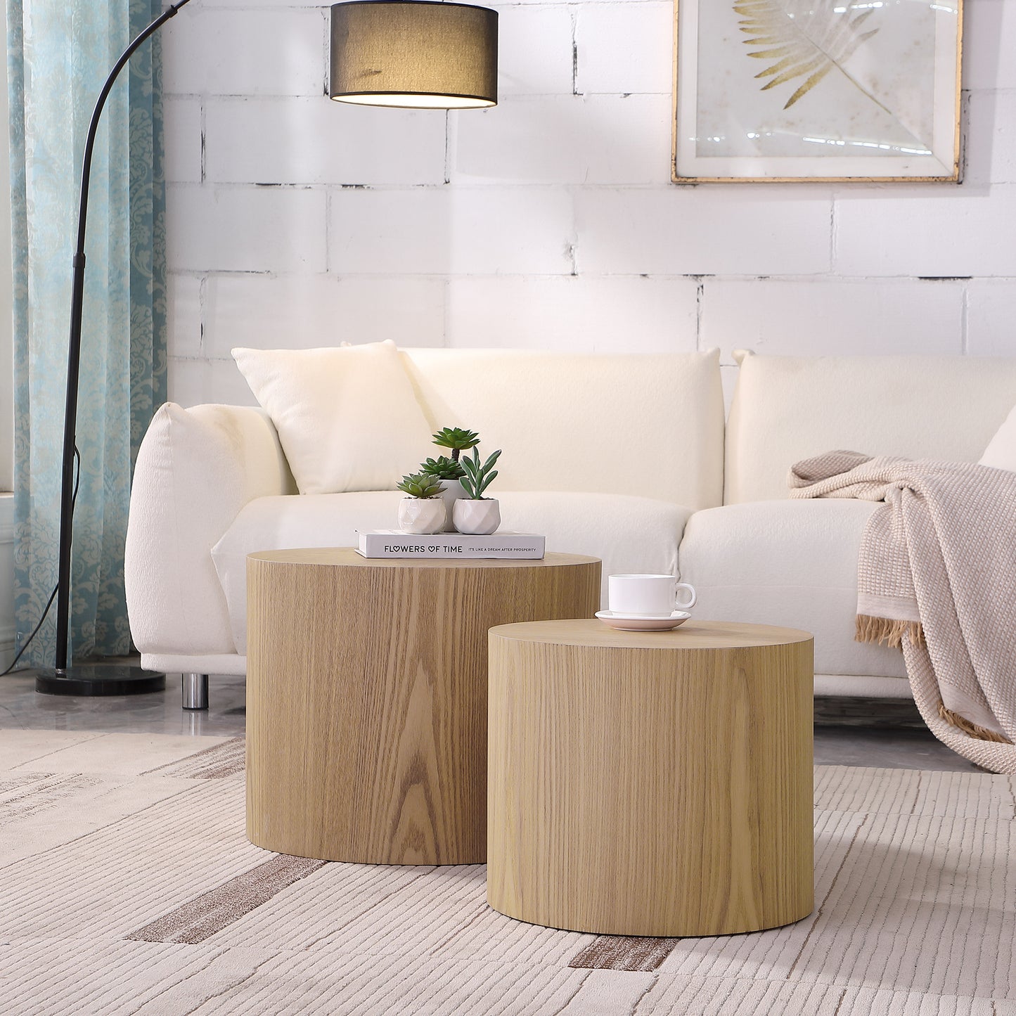 Oak Veneer MDF Side and Coffee Table Set for Living Spaces