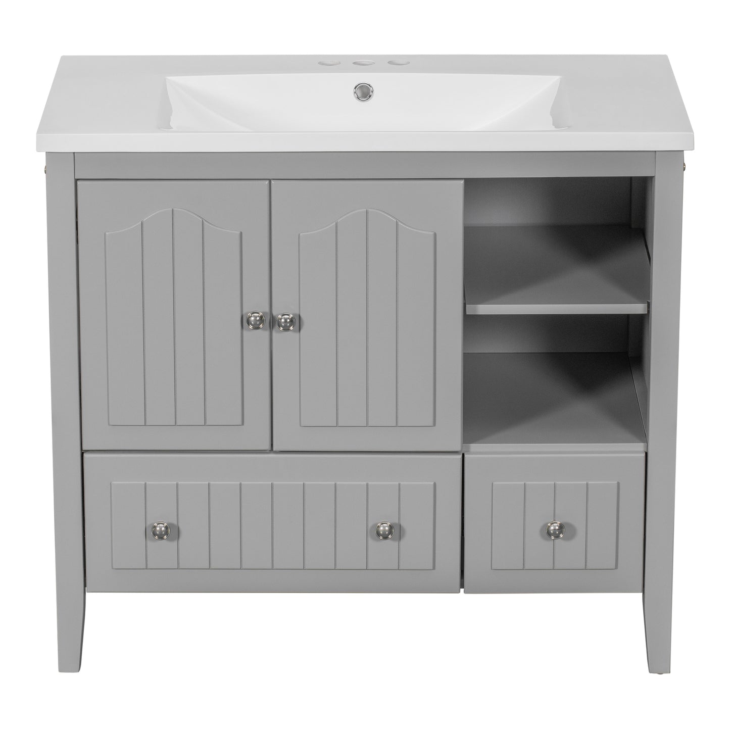 36" Bathroom Vanity with Ceramic Basin, Bathroom Storage Cabinet with Two Doors and Drawers, Solid Frame, Metal Handles, Grey