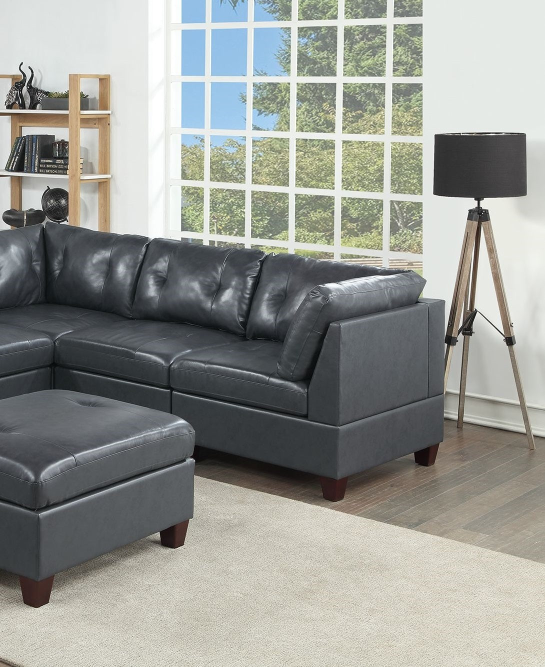 Luxurious Genuine Leather Black Tufted 6-Piece Modular Sectional Sofa Set - Contemporary Living Room Furniture