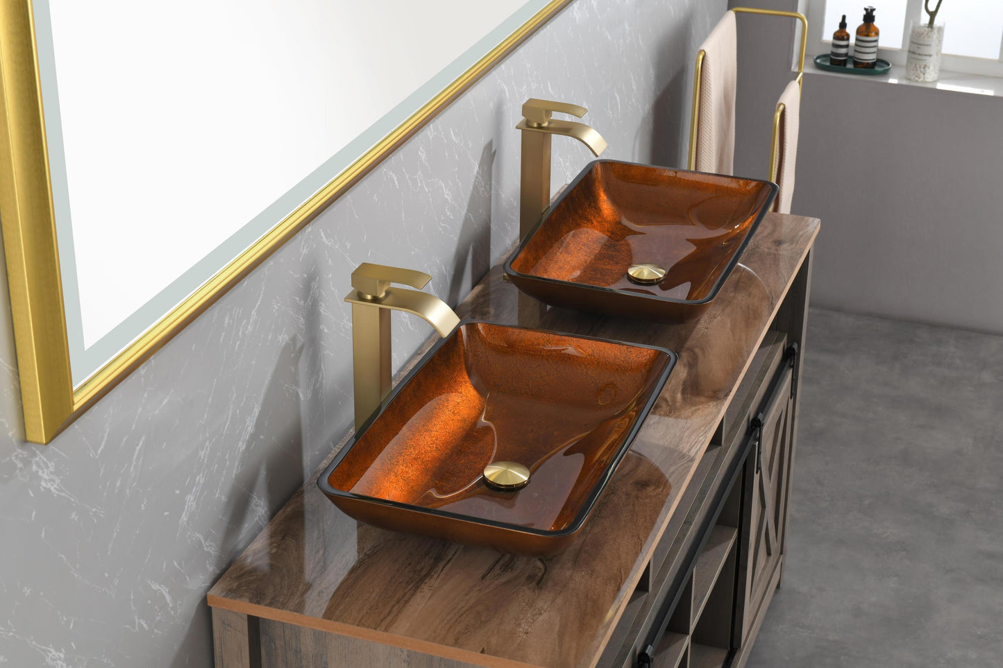 Luxurious Handmade Glass Vessel Sink Set in Deep Chocolate Brown Finish with Gold Accents