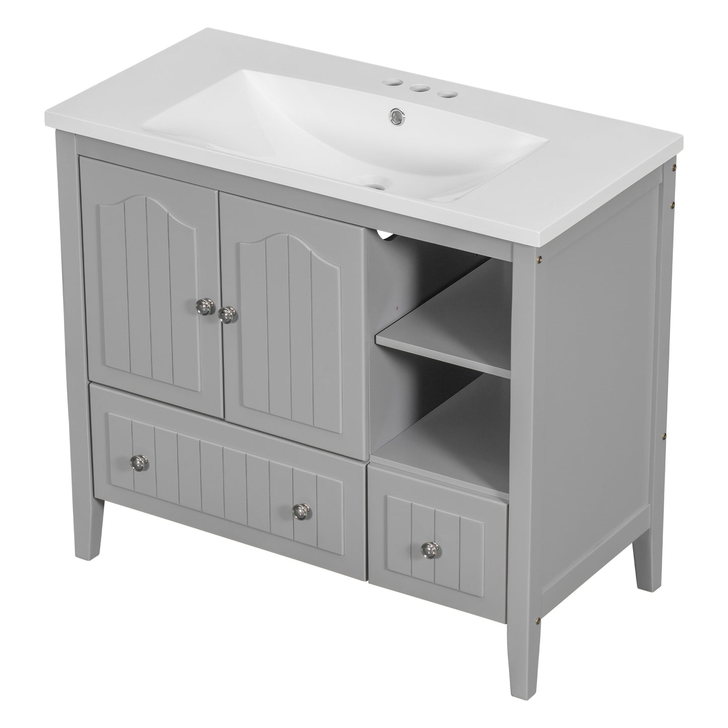 36" Bathroom Vanity with Ceramic Basin, Bathroom Storage Cabinet with Two Doors and Drawers, Solid Frame, Metal Handles, Grey