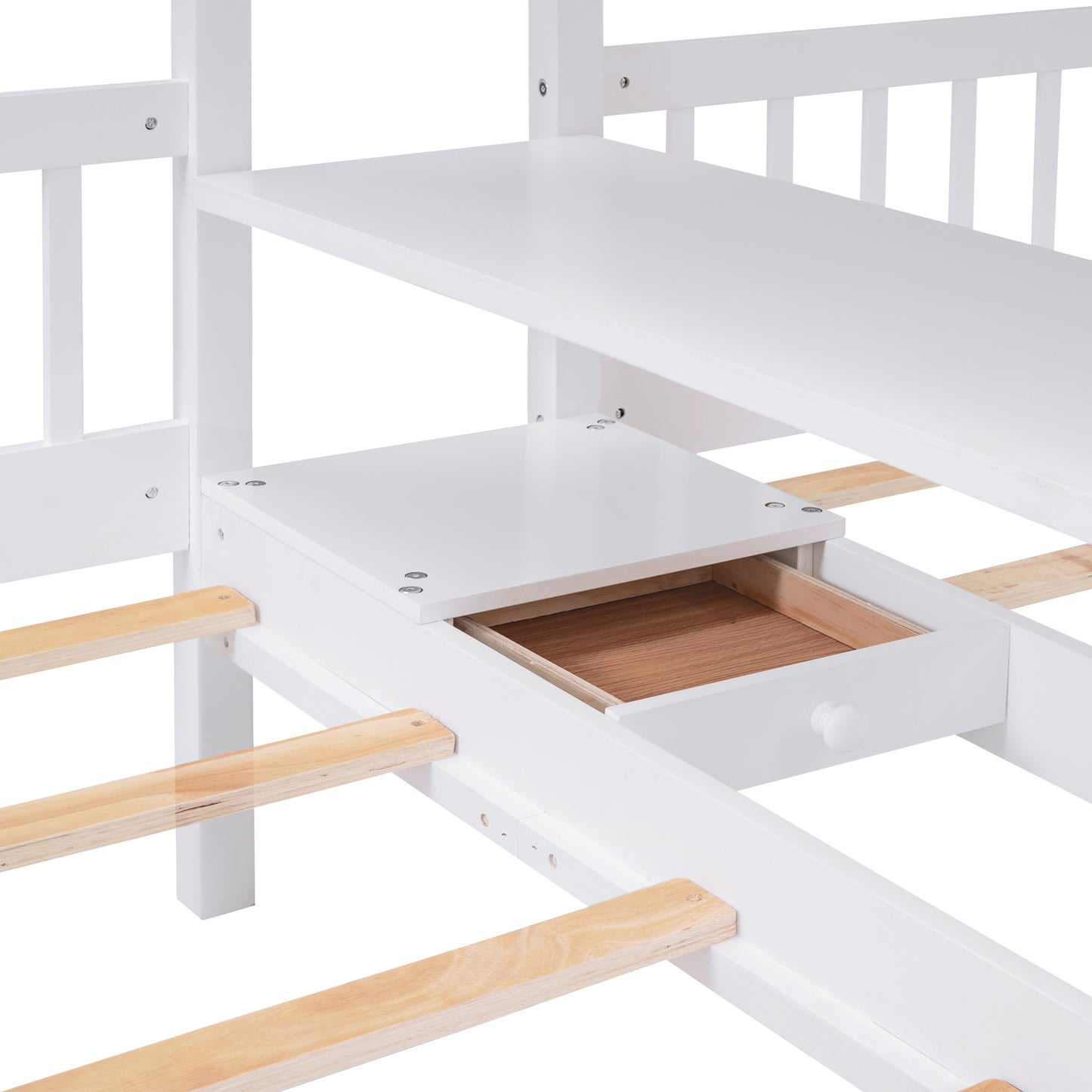 Triple Bunk Bed with Shelves, Wardrobe, and Mirror in White - Space-Saving Family Bunk Bed