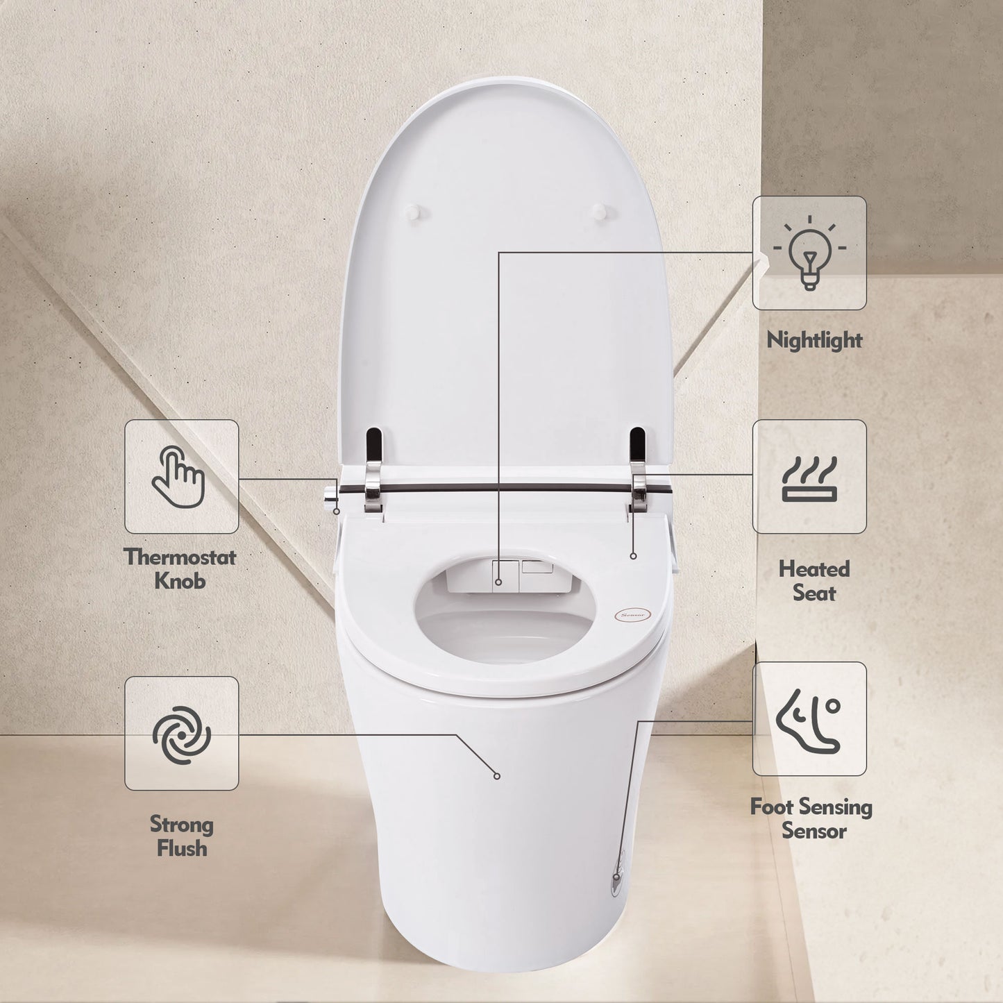 Heated Seat Smart Toilet, Upmarket Compact Dual Flush Toilet 1/1.28 GPF, Tank less toilet with Adjustable Temp Heated Seat, Foot sensor Flush, White Night Light, Knob Control, Power Outage Flushing