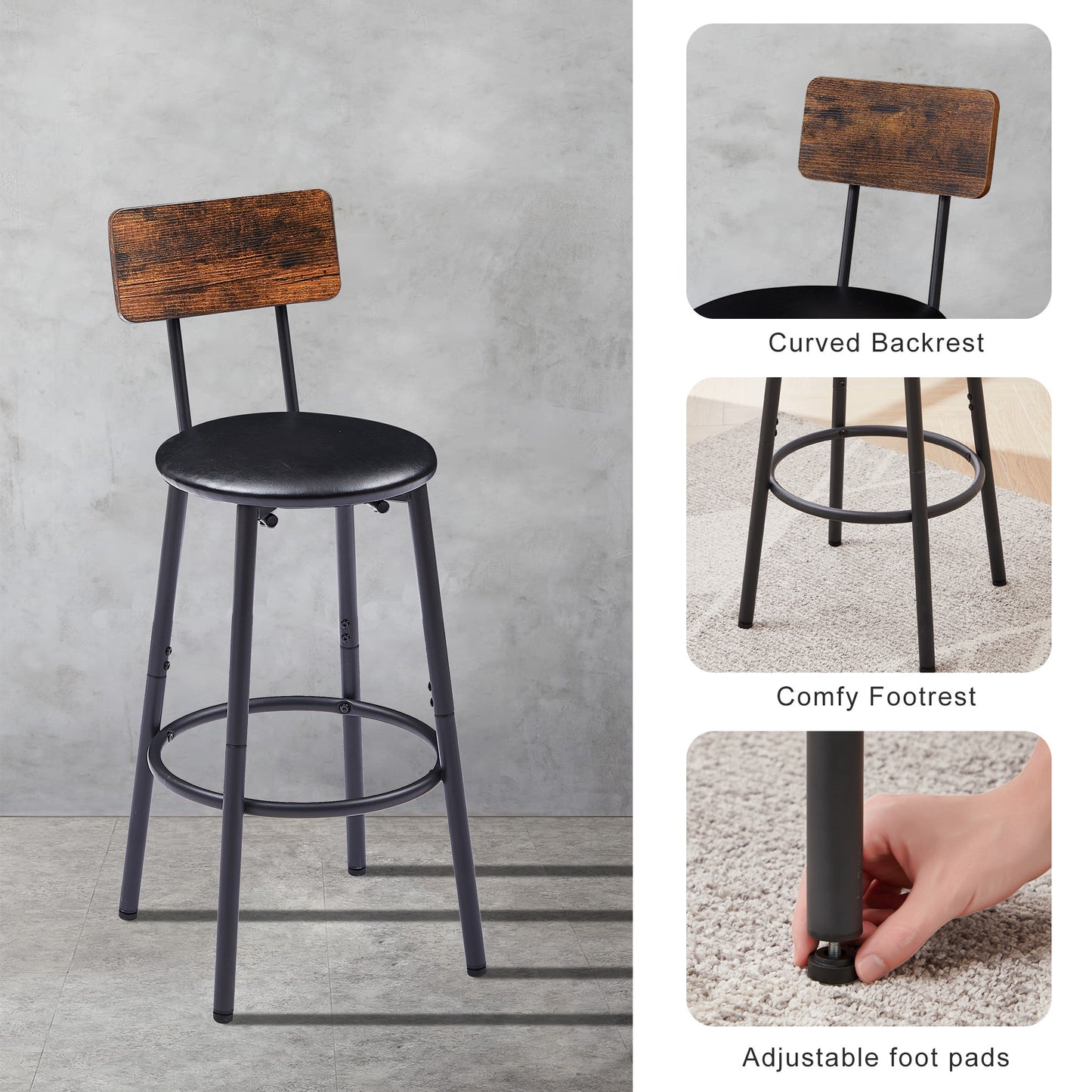 Bar Table Set with 4 Bar stools PU Soft seat with backrest, Rustic Brown, 47.24'' L x 23.62'' W x 35.43'' H