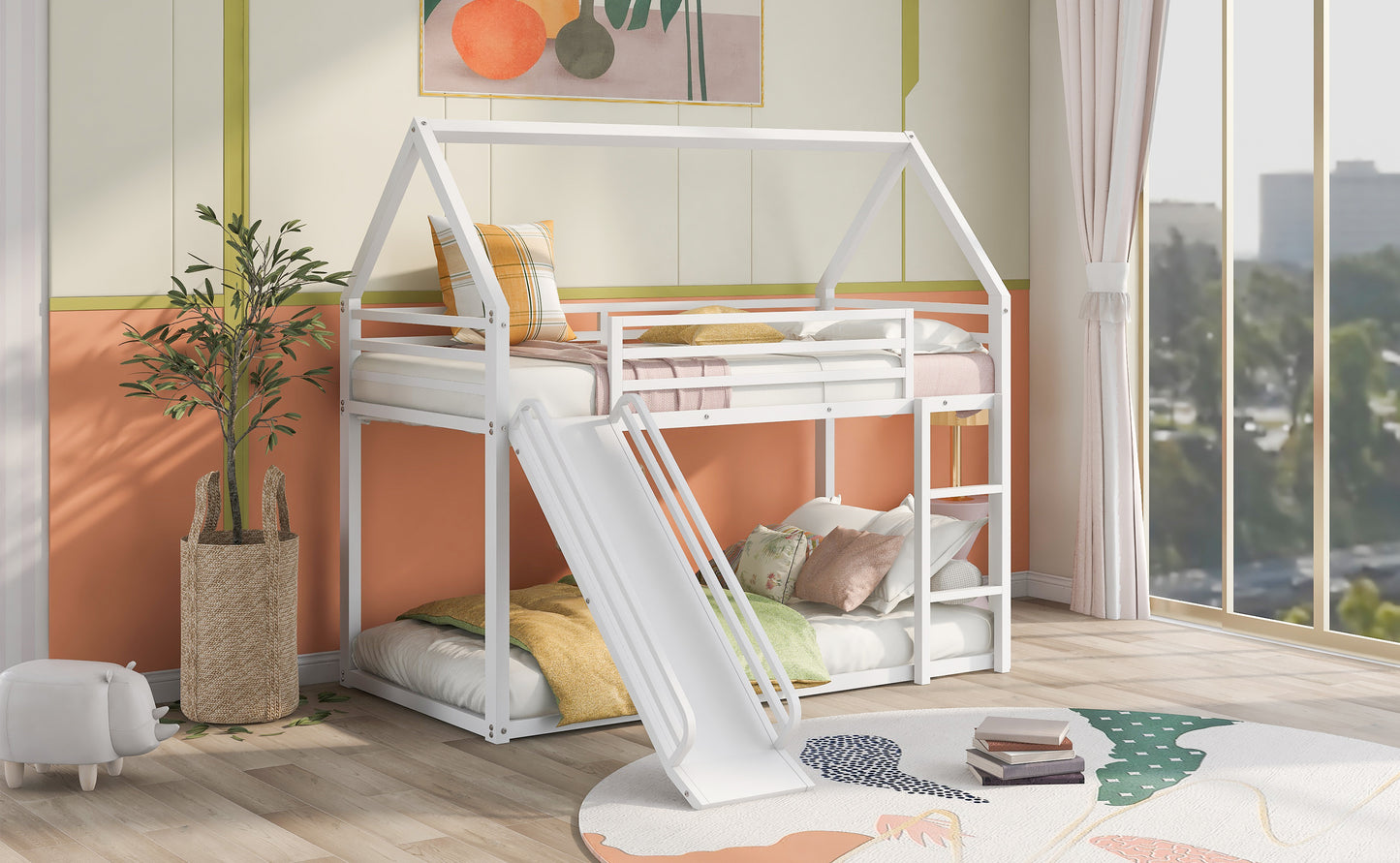 White Twin over Twin House Bunk Bed with Ladder, Slide, and Playhouse