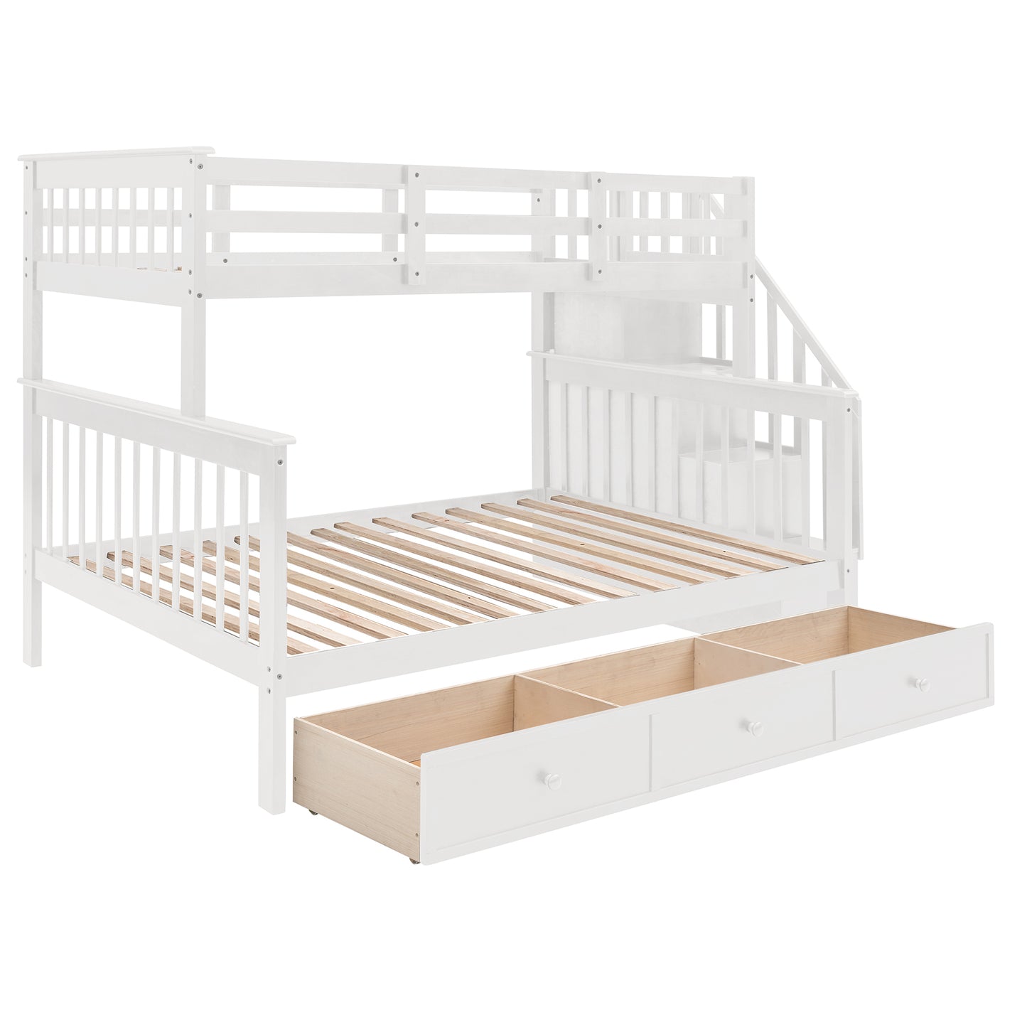White Twin-Over-Full Bunk Bed with Stairway Drawer and Storage - Versatile Option