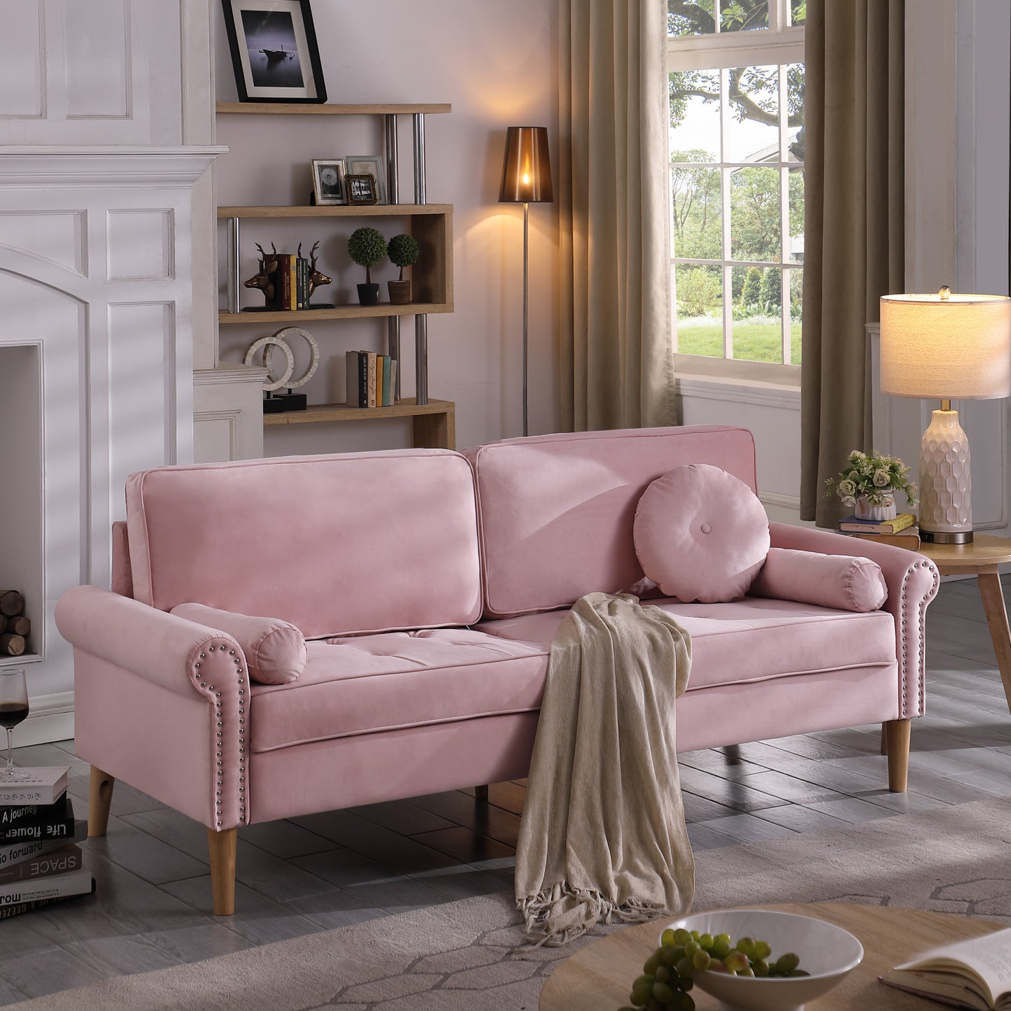 Living Room Sofa,3-Seater Sofa , with  Copper Nail on Arms ,Three Pillow,Pink