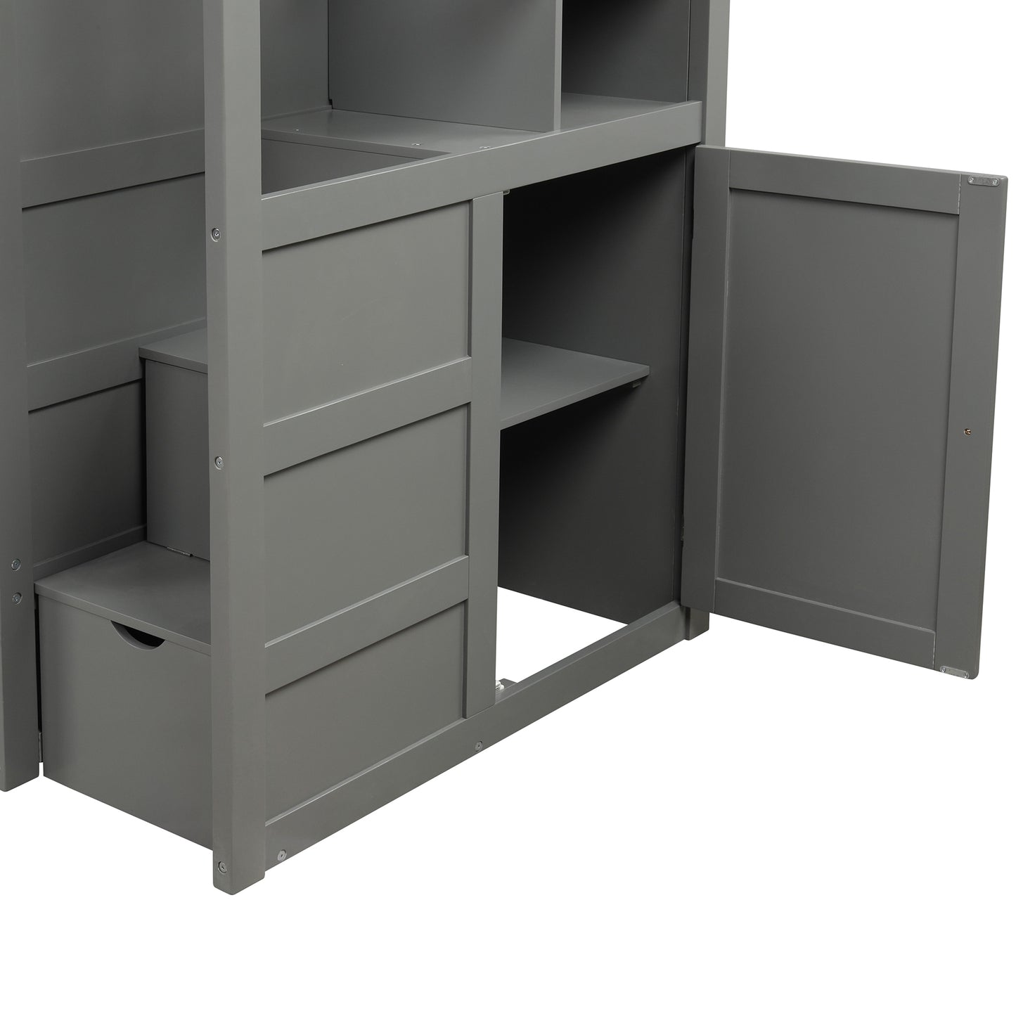 Storage Solution Gray Twin over Full Bunk Bed with Shelves and Drawers