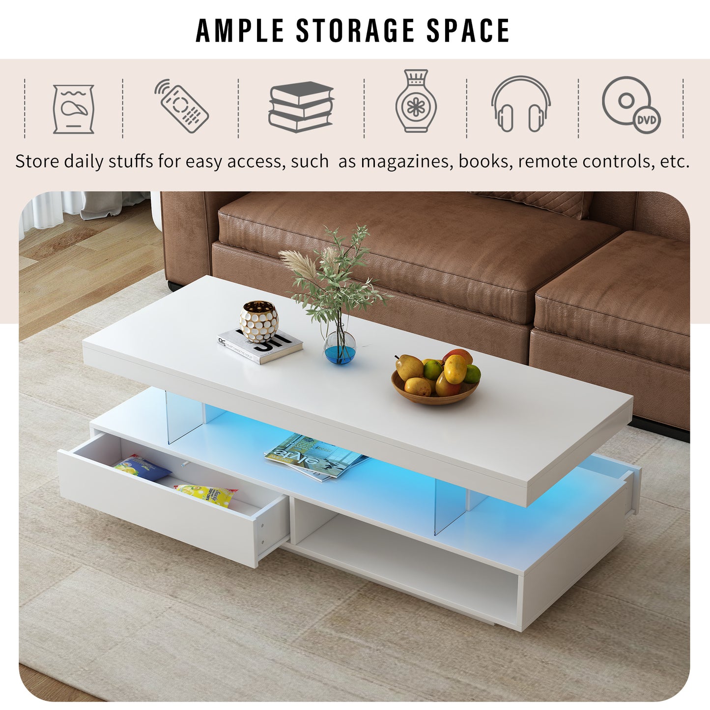 Modern LED Coffee Table with Storage Drawers and Display Shelves, Accent Furniture with Multicolor LED Lights