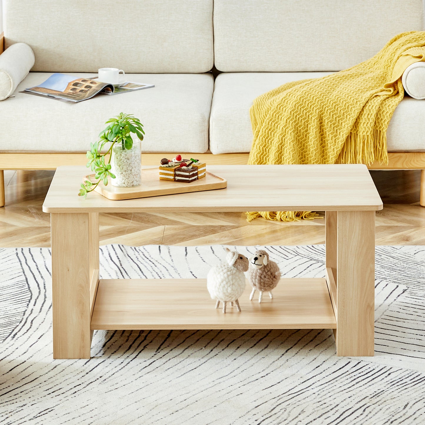 Log Colored Double Layered Rectangular Coffee Table