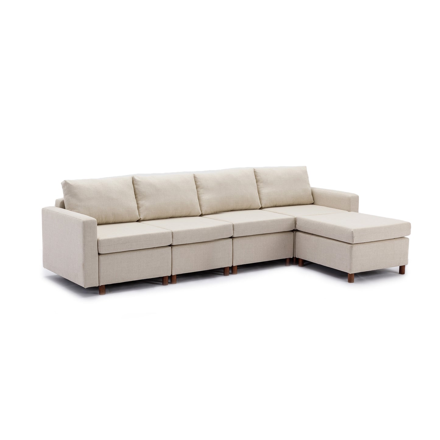 4 Seater Sectional Sofa with Ottoman, Cream Linen, Non-Removable Cushions