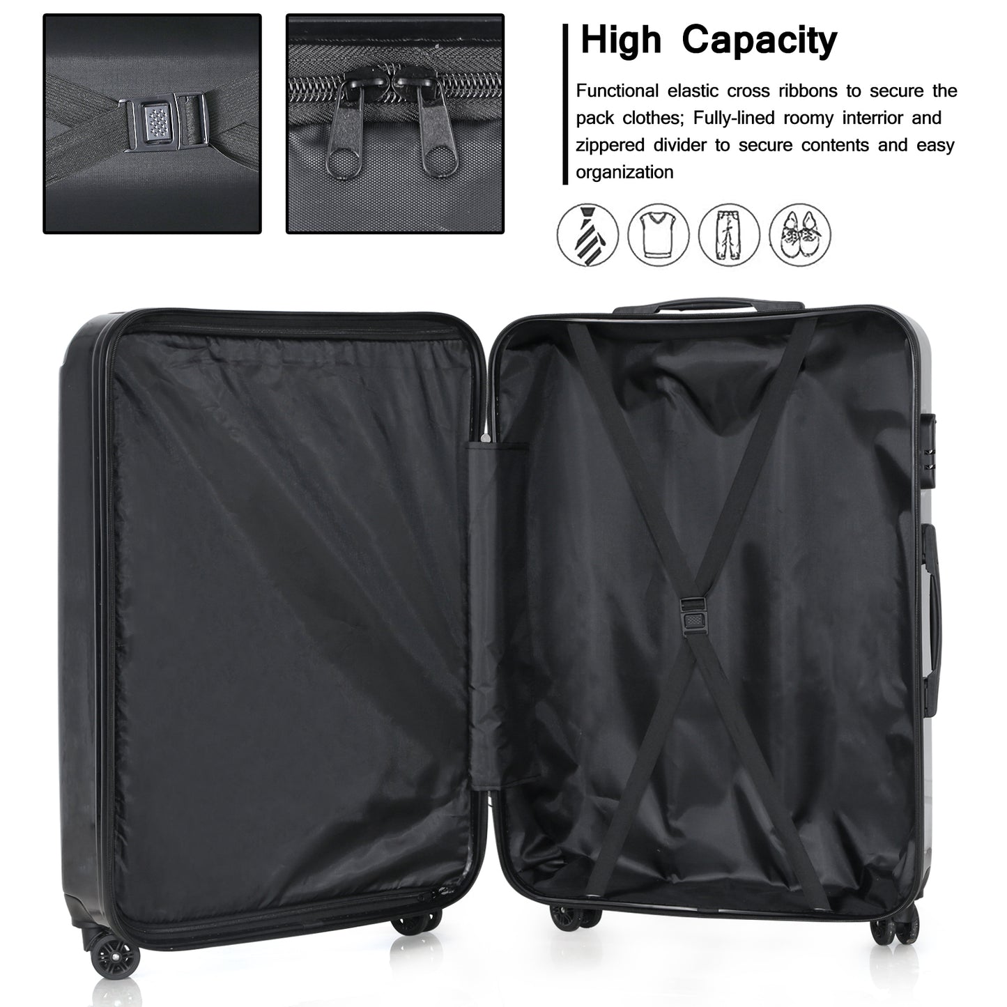 Miibox 3 Piece Set ABS+PC Material Spinner Wheel Luggage Carrier Easy Portable, Black