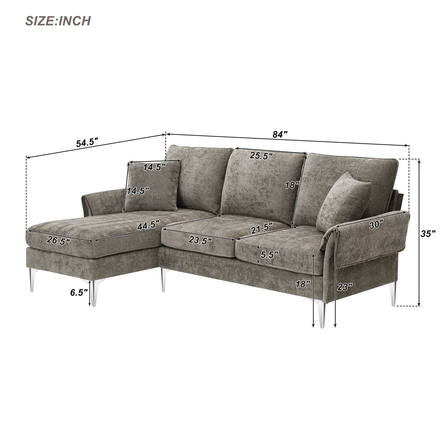 84-Inch Convertible Sectional Sofa with Reversible Chaise Lounge and Chenille Upholstery