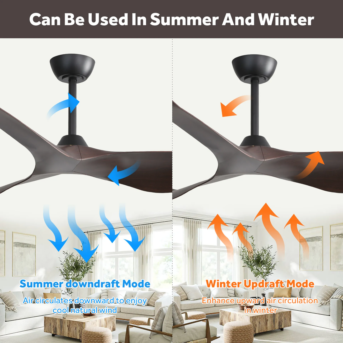 52-Inch Modern Indoor Ceiling Fan With Remote Control and Reversible Solid Wood Blades