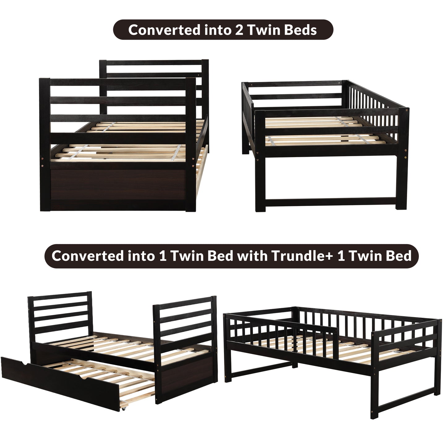 Children's Twin Bunk Beds with Trundle Bed and Safety Features