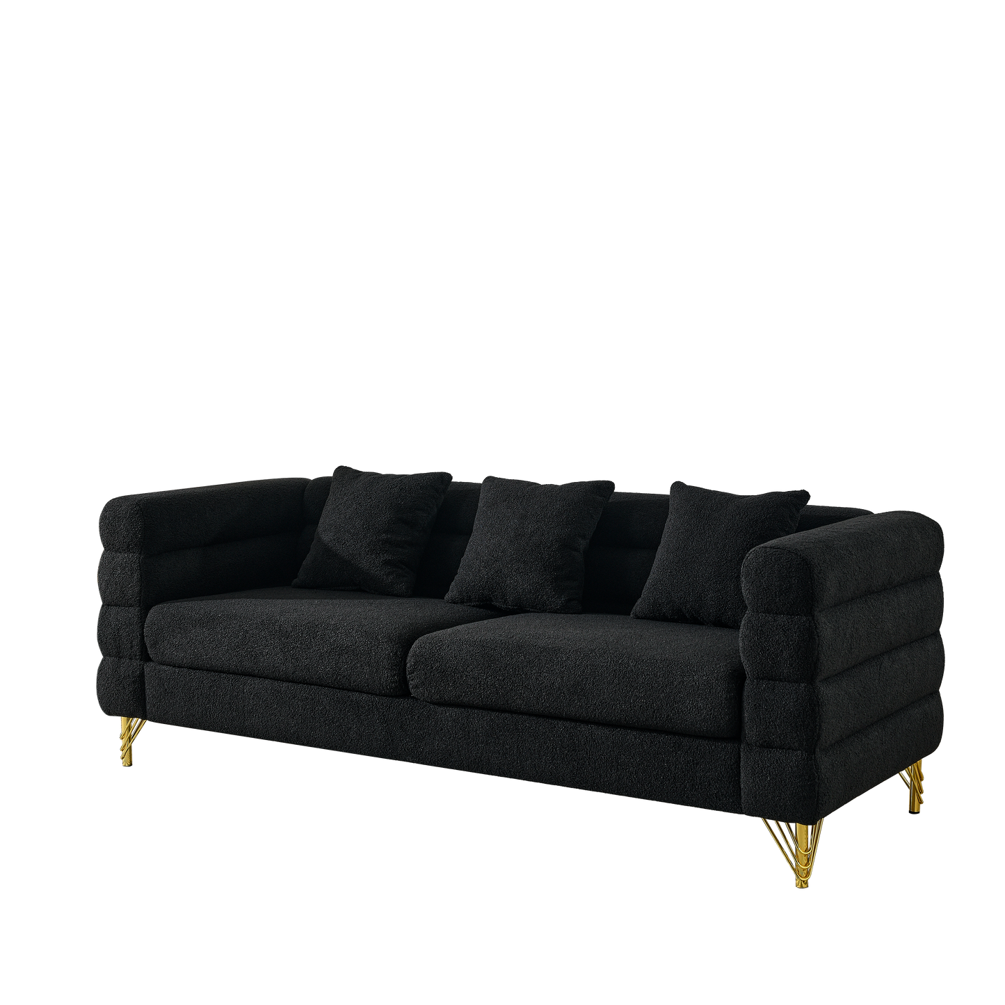 81 Inch Black Teddy Fabric 3-Seater Sectional Sofa with Lumbar Pillows