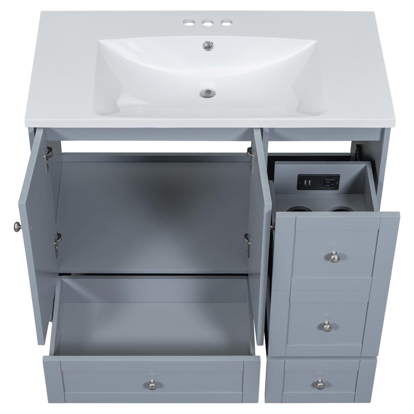 36 Inch Modern Bathroom Vanity with USB Charging, Two Doors and Three Drawers Bathroom Storage Vanity Cabinet with single top, Small Bathroom Vanity cabinet with sink , White & Gray Blue - Faucets Not