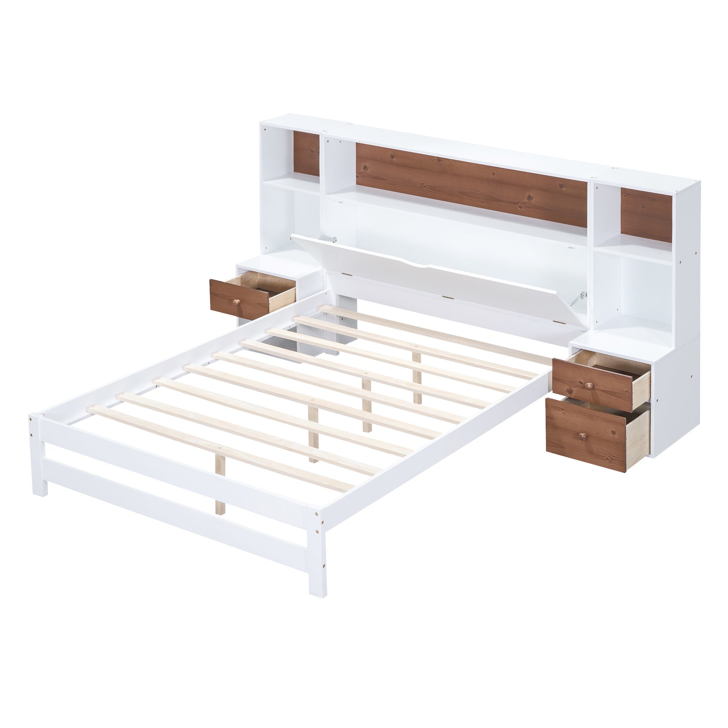 Full Size Platform Bed with Storage Headboard and Drawers, White
