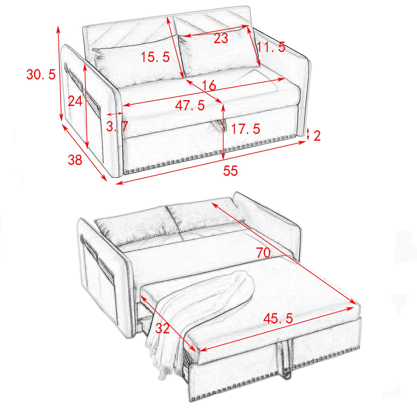 MH" Sleeper Sofa Bed w/USB Port, 3-in-1 adjustable sleeper with pull-out bed, 2 lumbar pillows and side pocket, soft velvet convertible sleeper sofa bed, suitable for living room bedroom