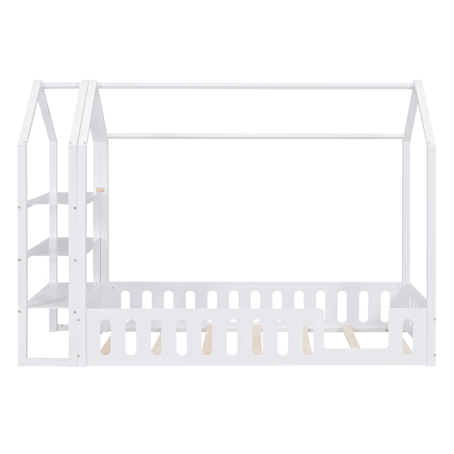 Twin Size Wood House Bed with Fence and Detachable Storage Shelves, White(Expected Arrival Time: 1.7)