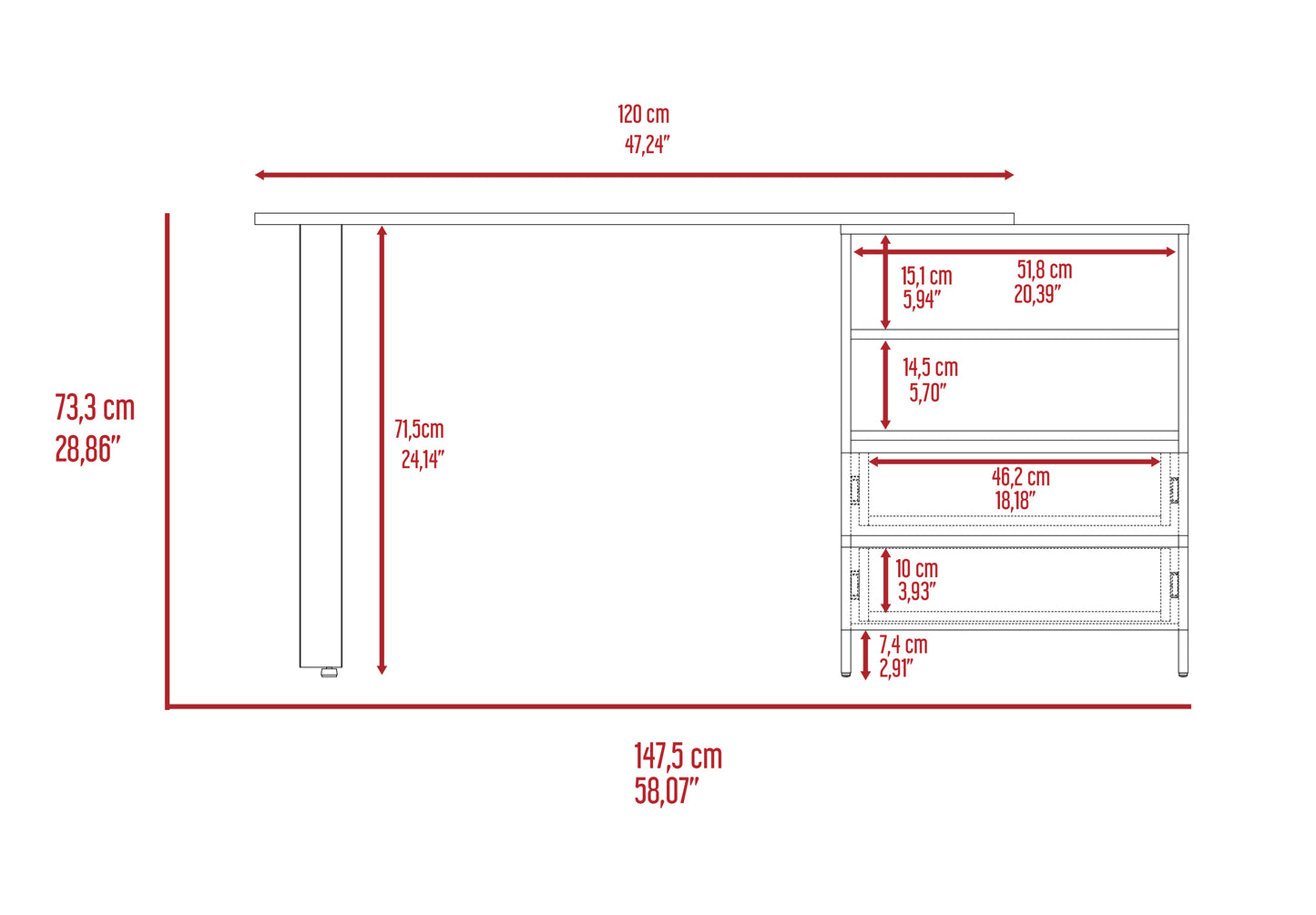 Gray Modern Writing Desk with 2 Drawers and 2 Shelves