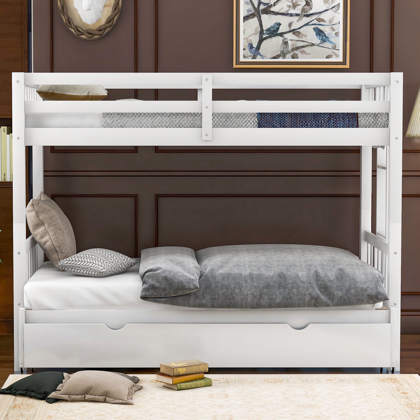 White Pull-out Bunk Bed with Trundle for Twin Over - Versatile Space-Saving Sleeping Solution